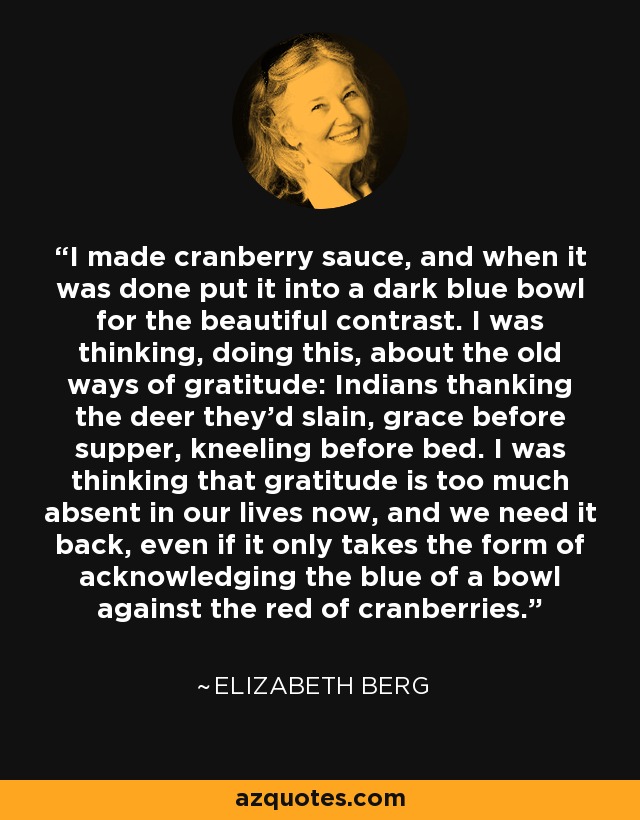 I made cranberry sauce, and when it was done put it into a dark blue bowl for the beautiful contrast. I was thinking, doing this, about the old ways of gratitude: Indians thanking the deer they'd slain, grace before supper, kneeling before bed. I was thinking that gratitude is too much absent in our lives now, and we need it back, even if it only takes the form of acknowledging the blue of a bowl against the red of cranberries. - Elizabeth Berg