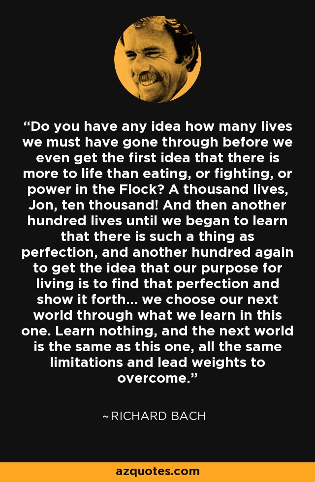 Do you have any idea how many lives we must have gone through before we even get the first idea that there is more to life than eating, or fighting, or power in the Flock? A thousand lives, Jon, ten thousand! And then another hundred lives until we began to learn that there is such a thing as perfection, and another hundred again to get the idea that our purpose for living is to find that perfection and show it forth... we choose our next world through what we learn in this one. Learn nothing, and the next world is the same as this one, all the same limitations and lead weights to overcome. - Richard Bach