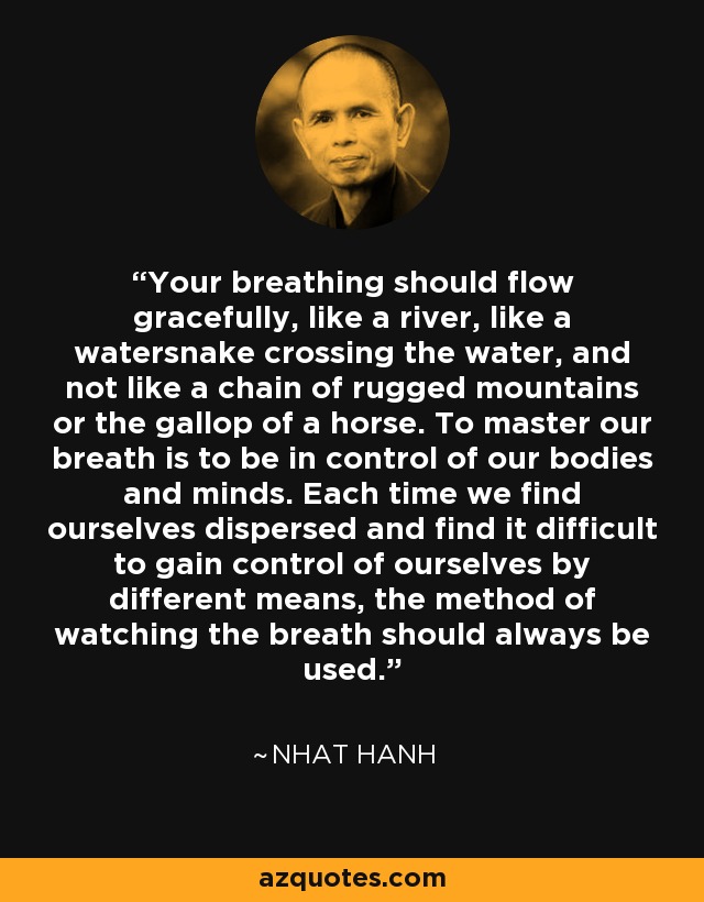 Your breathing should flow gracefully, like a river, like a watersnake crossing the water, and not like a chain of rugged mountains or the gallop of a horse. To master our breath is to be in control of our bodies and minds. Each time we find ourselves dispersed and find it difficult to gain control of ourselves by different means, the method of watching the breath should always be used. - Nhat Hanh