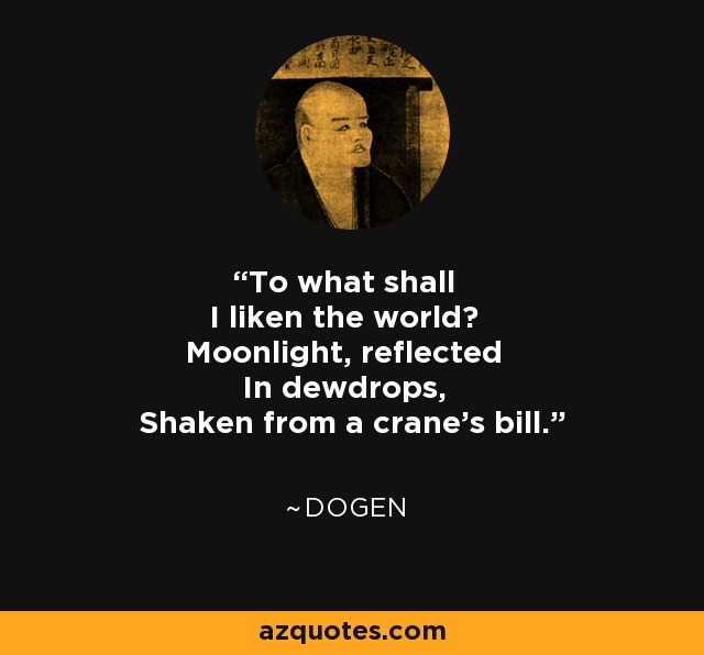 To what shall I liken the world? Moonlight, reflected In dewdrops, Shaken from a crane's bill. - Dogen