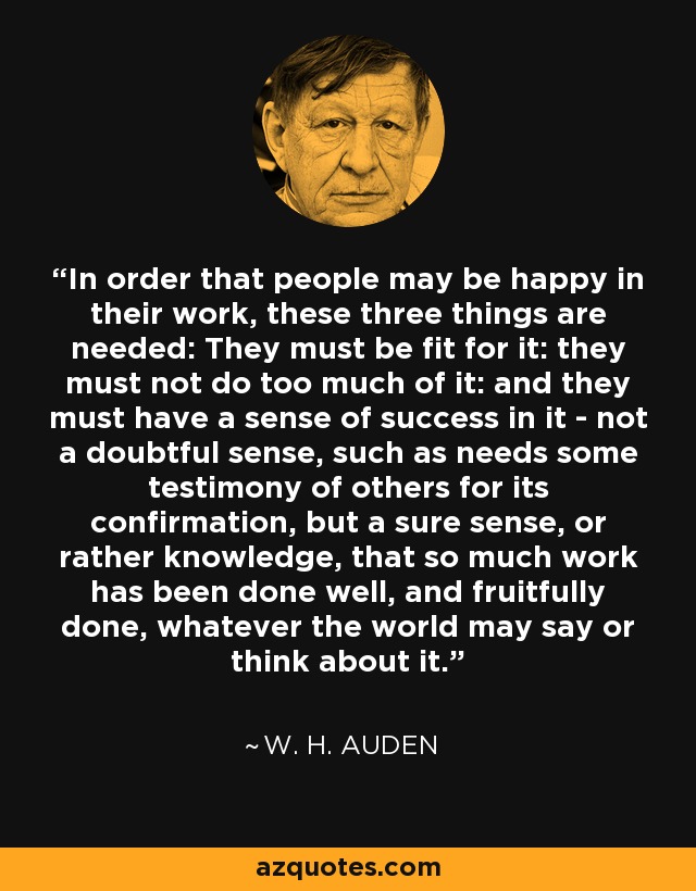 In order that people may be happy in their work, these three things are needed: They must be fit for it: they must not do too much of it: and they must have a sense of success in it - not a doubtful sense, such as needs some testimony of others for its confirmation, but a sure sense, or rather knowledge, that so much work has been done well, and fruitfully done, whatever the world may say or think about it. - W. H. Auden