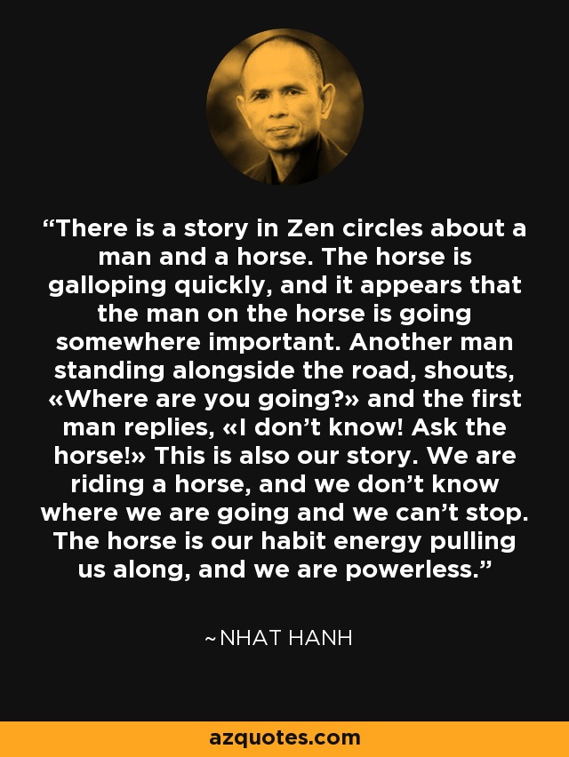 There is a story in Zen circles about a man and a horse. The horse is galloping quickly, and it appears that the man on the horse is going somewhere important. Another man standing alongside the road, shouts, «Where are you going?» and the first man replies, «I don't know! Ask the horse!» This is also our story. We are riding a horse, and we don't know where we are going and we can't stop. The horse is our habit energy pulling us along, and we are powerless. - Nhat Hanh