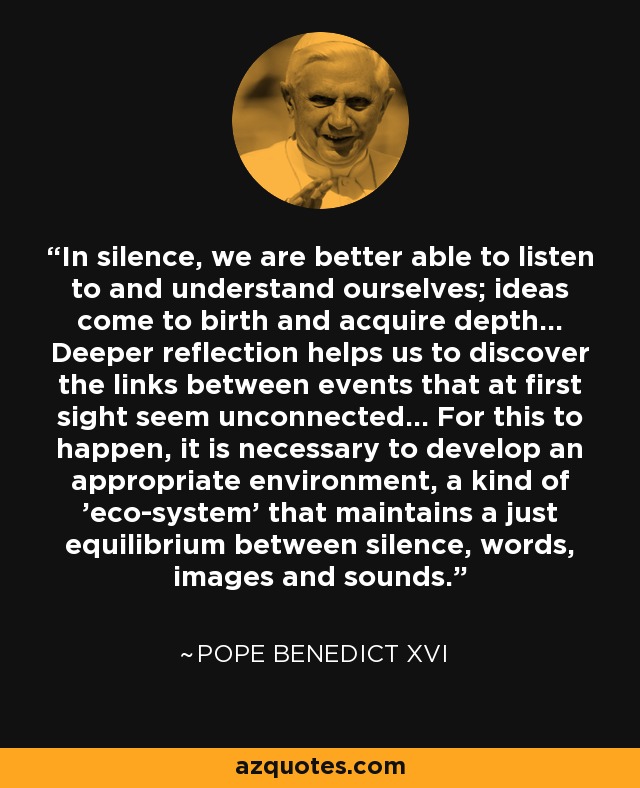 In silence, we are better able to listen to and understand ourselves; ideas come to birth and acquire depth... Deeper reflection helps us to discover the links between events that at first sight seem unconnected... For this to happen, it is necessary to develop an appropriate environment, a kind of 'eco-system' that maintains a just equilibrium between silence, words, images and sounds. - Pope Benedict XVI