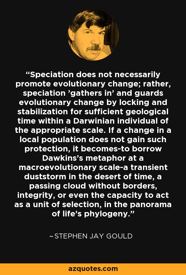 Speciation does not necessarily promote evolutionary change; rather, speciation 'gathers in' and guards evolutionary change by locking and stabilization for sufficient geological time within a Darwinian individual of the appropriate scale. If a change in a local population does not gain such protection, it becomes-to borrow Dawkins's metaphor at a macroevolutionary scale-a transient duststorm in the desert of time, a passing cloud without borders, integrity, or even the capacity to act as a unit of selection, in the panorama of life's phylogeny. - Stephen Jay Gould