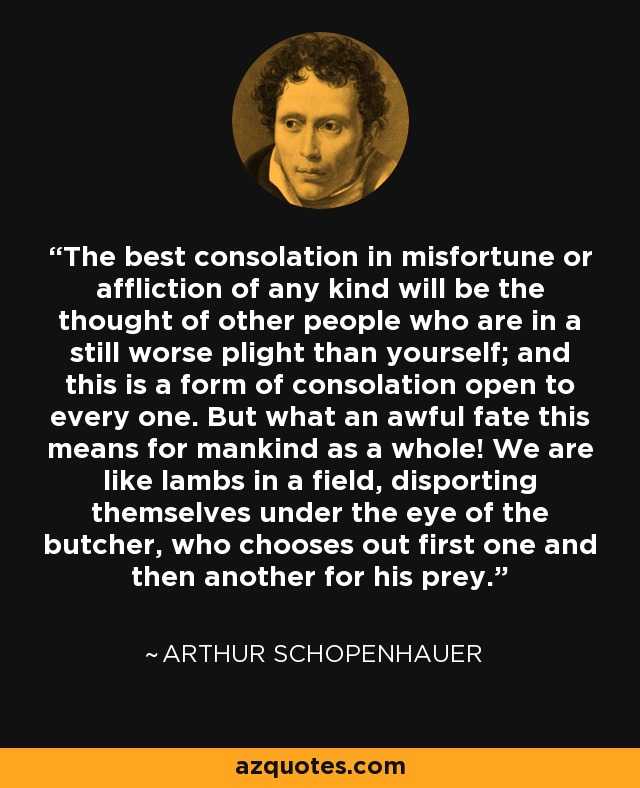 The best consolation in misfortune or affliction of any kind will be the thought of other people who are in a still worse plight than yourself; and this is a form of consolation open to every one. But what an awful fate this means for mankind as a whole! We are like lambs in a field, disporting themselves under the eye of the butcher, who chooses out first one and then another for his prey. - Arthur Schopenhauer