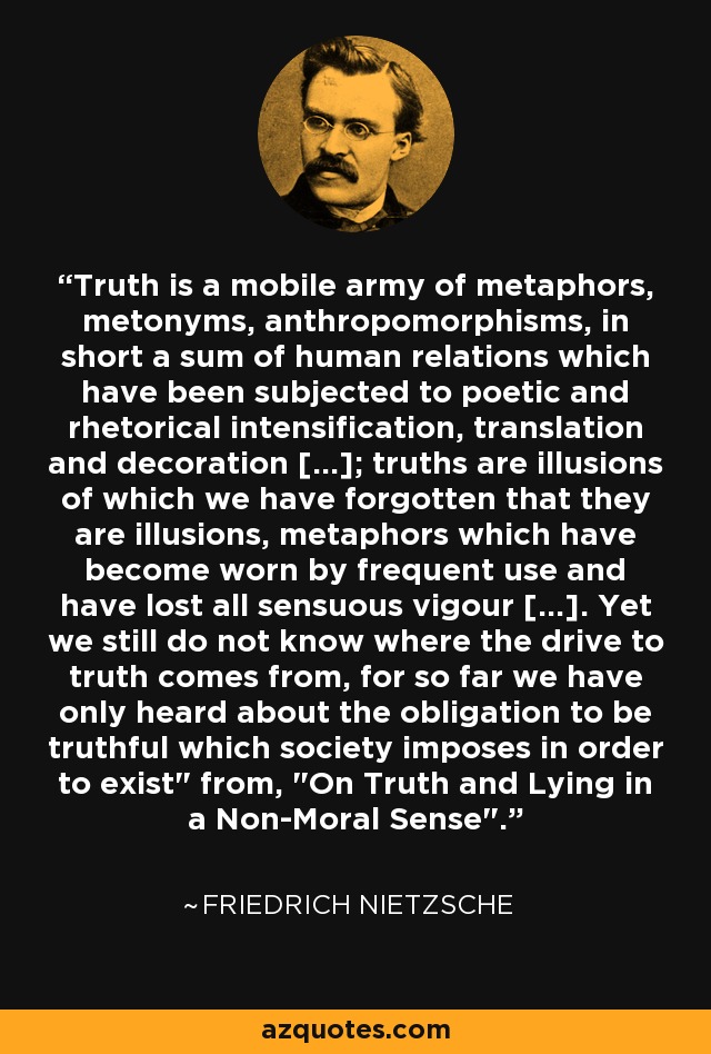 Truth is a mobile army of metaphors, metonyms, anthropomorphisms, in short a sum of human relations which have been subjected to poetic and rhetorical intensification, translation and decoration […]; truths are illusions of which we have forgotten that they are illusions, metaphors which have become worn by frequent use and have lost all sensuous vigour […]. Yet we still do not know where the drive to truth comes from, for so far we have only heard about the obligation to be truthful which society imposes in order to exist