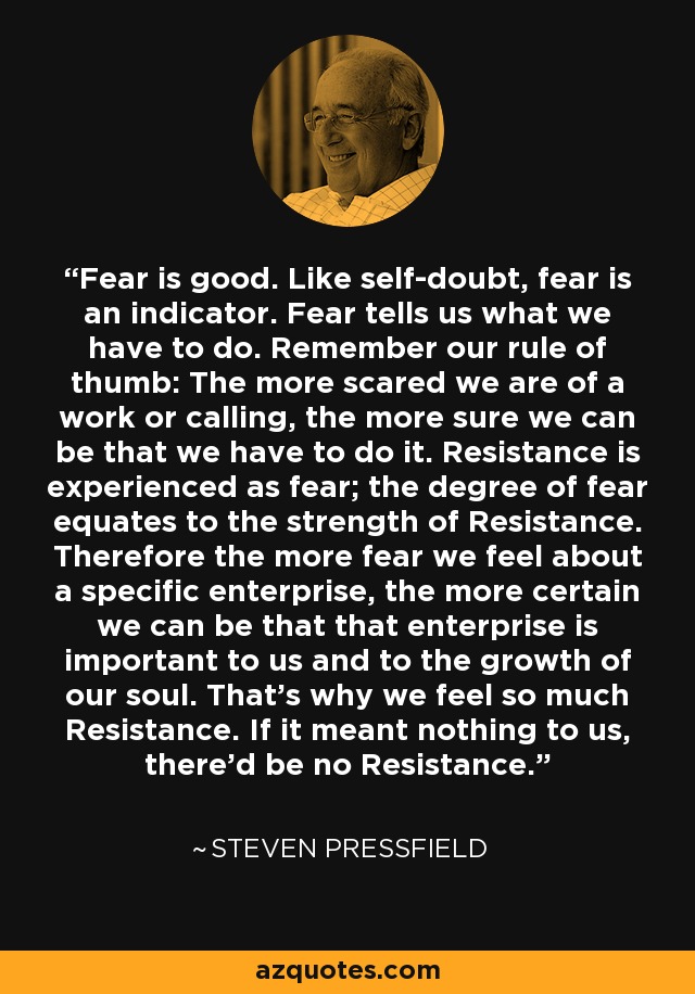 Fear is good. Like self-doubt, fear is an indicator. Fear tells us what we have to do. Remember our rule of thumb: The more scared we are of a work or calling, the more sure we can be that we have to do it. Resistance is experienced as fear; the degree of fear equates to the strength of Resistance. Therefore the more fear we feel about a specific enterprise, the more certain we can be that that enterprise is important to us and to the growth of our soul. That's why we feel so much Resistance. If it meant nothing to us, there'd be no Resistance. - Steven Pressfield