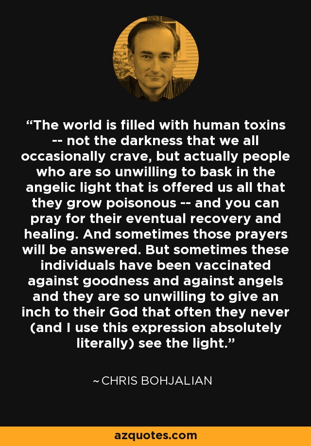 The world is filled with human toxins -- not the darkness that we all occasionally crave, but actually people who are so unwilling to bask in the angelic light that is offered us all that they grow poisonous -- and you can pray for their eventual recovery and healing. And sometimes those prayers will be answered. But sometimes these individuals have been vaccinated against goodness and against angels and they are so unwilling to give an inch to their God that often they never (and I use this expression absolutely literally) see the light. - Chris Bohjalian