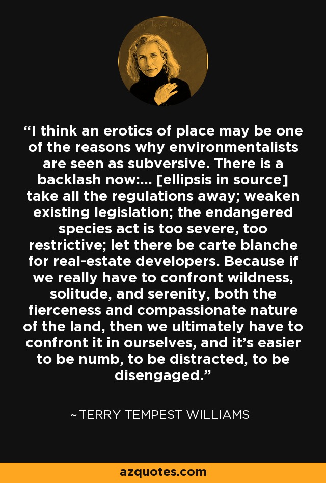 I think an erotics of place may be one of the reasons why environmentalists are seen as subversive. There is a backlash now:... [ellipsis in source] take all the regulations away; weaken existing legislation; the endangered species act is too severe, too restrictive; let there be carte blanche for real-estate developers. Because if we really have to confront wildness, solitude, and serenity, both the fierceness and compassionate nature of the land, then we ultimately have to confront it in ourselves, and it's easier to be numb, to be distracted, to be disengaged. - Terry Tempest Williams