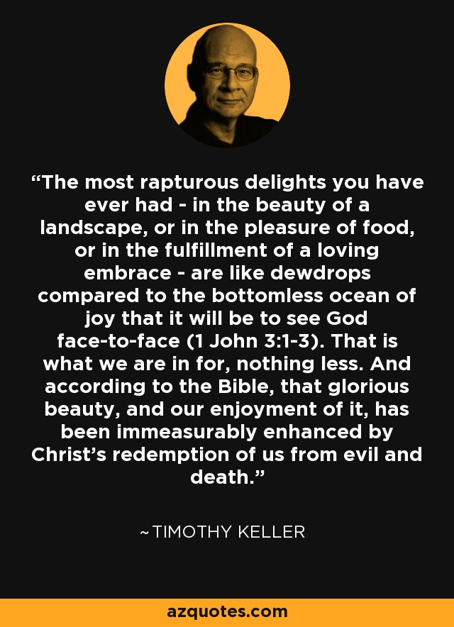 The most rapturous delights you have ever had - in the beauty of a landscape, or in the pleasure of food, or in the fulfillment of a loving embrace - are like dewdrops compared to the bottomless ocean of joy that it will be to see God face-to-face (1 John 3:1-3). That is what we are in for, nothing less. And according to the Bible, that glorious beauty, and our enjoyment of it, has been immeasurably enhanced by Christ's redemption of us from evil and death. - Timothy Keller