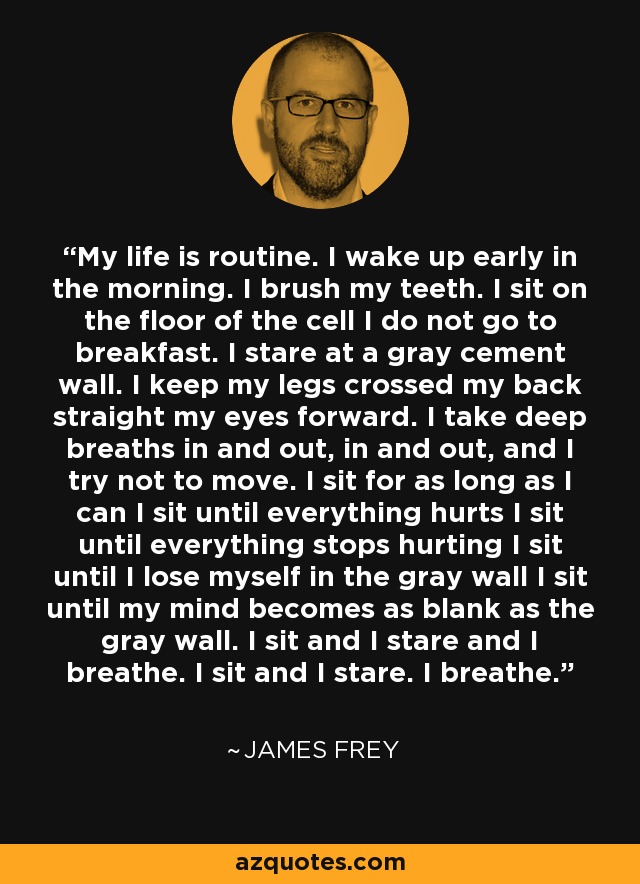 My life is routine. I wake up early in the morning. I brush my teeth. I sit on the floor of the cell I do not go to breakfast. I stare at a gray cement wall. I keep my legs crossed my back straight my eyes forward. I take deep breaths in and out, in and out, and I try not to move. I sit for as long as I can I sit until everything hurts I sit until everything stops hurting I sit until I lose myself in the gray wall I sit until my mind becomes as blank as the gray wall. I sit and I stare and I breathe. I sit and I stare. I breathe. - James Frey