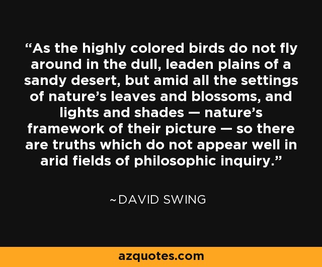 As the highly colored birds do not fly around in the dull, leaden plains of a sandy desert, but amid all the settings of nature's leaves and blossoms, and lights and shades — nature's framework of their picture — so there are truths which do not appear well in arid fields of philosophic inquiry. - David Swing