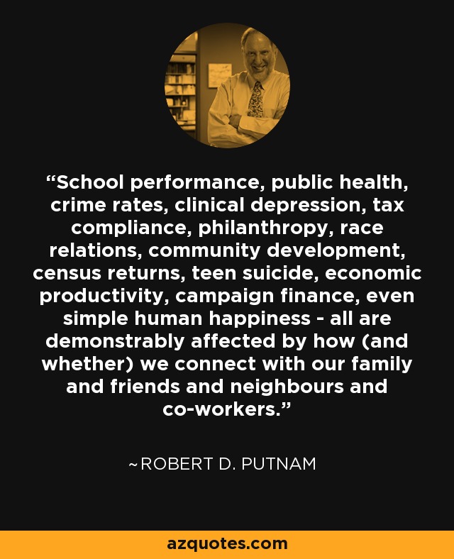 School performance, public health, crime rates, clinical depression, tax compliance, philanthropy, race relations, community development, census returns, teen suicide, economic productivity, campaign finance, even simple human happiness - all are demonstrably affected by how (and whether) we connect with our family and friends and neighbours and co-workers. - Robert D. Putnam