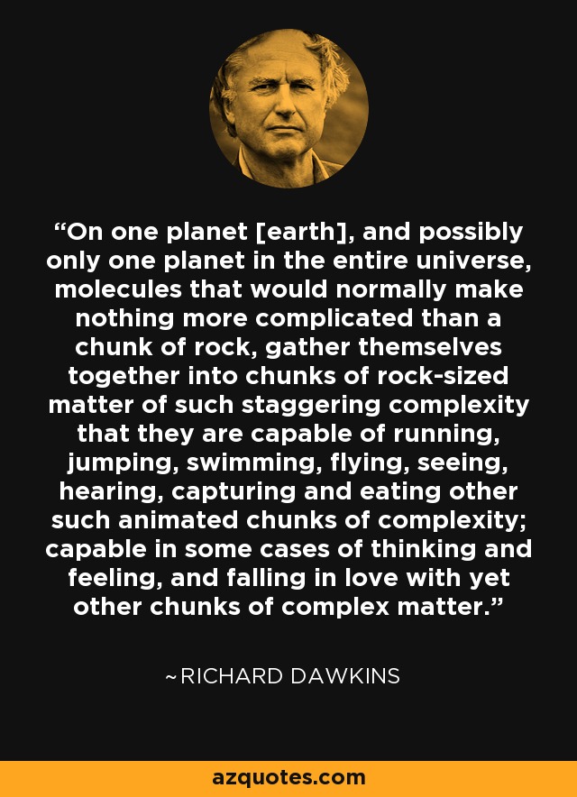 On one planet [earth], and possibly only one planet in the entire universe, molecules that would normally make nothing more complicated than a chunk of rock, gather themselves together into chunks of rock-sized matter of such staggering complexity that they are capable of running, jumping, swimming, flying, seeing, hearing, capturing and eating other such animated chunks of complexity; capable in some cases of thinking and feeling, and falling in love with yet other chunks of complex matter. - Richard Dawkins