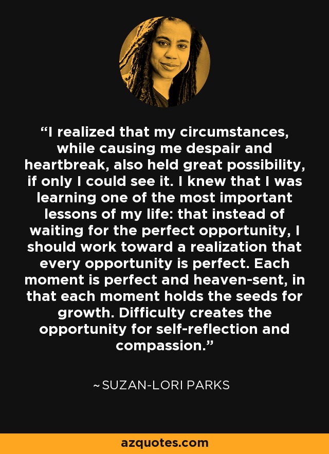 I realized that my circumstances, while causing me despair and heartbreak, also held great possibility, if only I could see it. I knew that I was learning one of the most important lessons of my life: that instead of waiting for the perfect opportunity, I should work toward a realization that every opportunity is perfect. Each moment is perfect and heaven-sent, in that each moment holds the seeds for growth. Difficulty creates the opportunity for self-reflection and compassion. - Suzan-Lori Parks