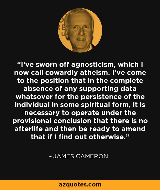 I've sworn off agnosticism, which I now call cowardly atheism. I've come to the position that in the complete absence of any supporting data whatsover for the persistence of the individual in some spiritual form, it is necessary to operate under the provisional conclusion that there is no afterlife and then be ready to amend that if I find out otherwise. - James Cameron