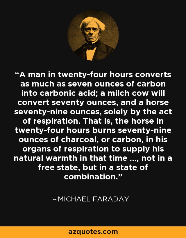 A man in twenty-four hours converts as much as seven ounces of carbon into carbonic acid; a milch cow will convert seventy ounces, and a horse seventy-nine ounces, solely by the act of respiration. That is, the horse in twenty-four hours burns seventy-nine ounces of charcoal, or carbon, in his organs of respiration to supply his natural warmth in that time ..., not in a free state, but in a state of combination. - Michael Faraday