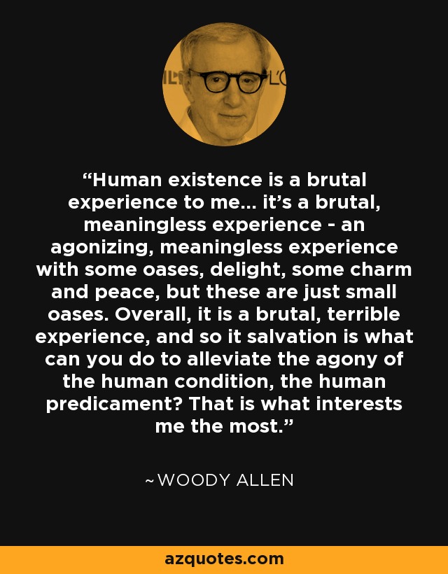 Human existence is a brutal experience to me... it's a brutal, meaningless experience - an agonizing, meaningless experience with some oases, delight, some charm and peace, but these are just small oases. Overall, it is a brutal, terrible experience, and so it salvation is what can you do to alleviate the agony of the human condition, the human predicament? That is what interests me the most. - Woody Allen