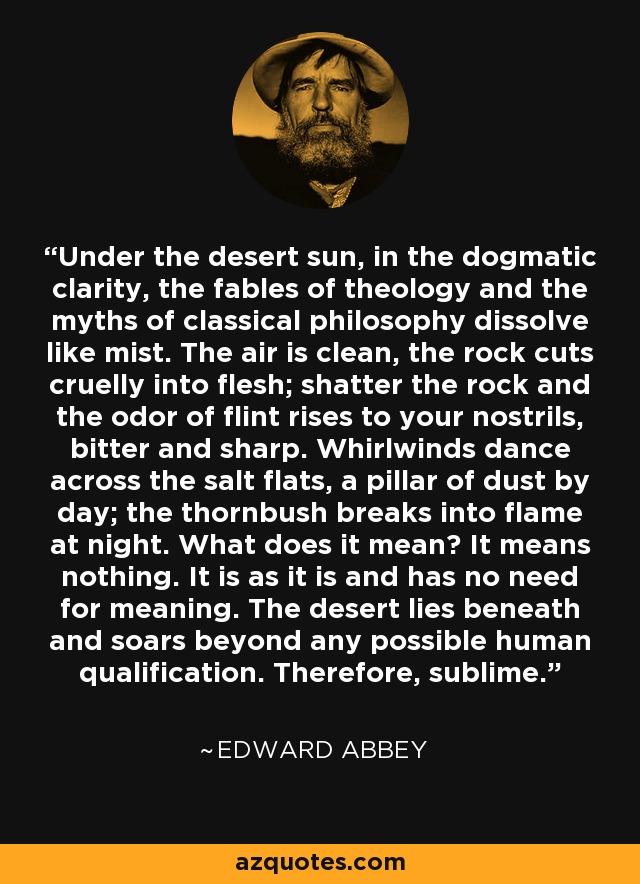 Under the desert sun, in the dogmatic clarity, the fables of theology and the myths of classical philosophy dissolve like mist. The air is clean, the rock cuts cruelly into flesh; shatter the rock and the odor of flint rises to your nostrils, bitter and sharp. Whirlwinds dance across the salt flats, a pillar of dust by day; the thornbush breaks into flame at night. What does it mean? It means nothing. It is as it is and has no need for meaning. The desert lies beneath and soars beyond any possible human qualification. Therefore, sublime. - Edward Abbey