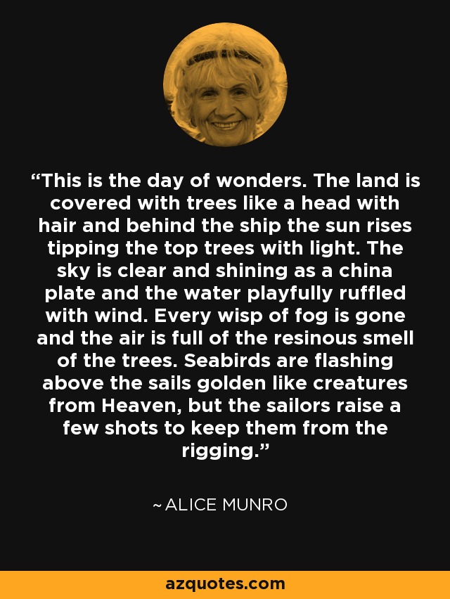 This is the day of wonders. The land is covered with trees like a head with hair and behind the ship the sun rises tipping the top trees with light. The sky is clear and shining as a china plate and the water playfully ruffled with wind. Every wisp of fog is gone and the air is full of the resinous smell of the trees. Seabirds are flashing above the sails golden like creatures from Heaven, but the sailors raise a few shots to keep them from the rigging. - Alice Munro