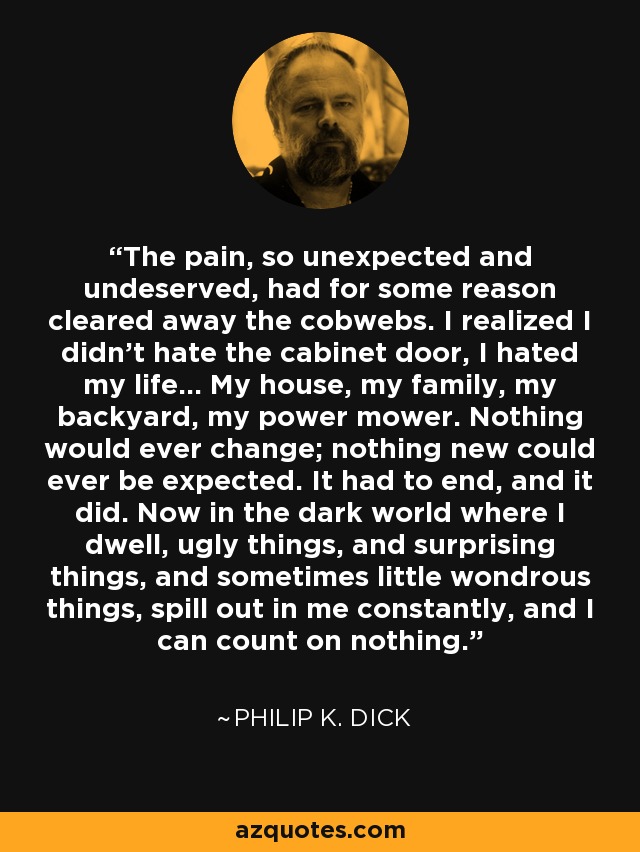 The pain, so unexpected and undeserved, had for some reason cleared away the cobwebs. I realized I didn’t hate the cabinet door, I hated my life… My house, my family, my backyard, my power mower. Nothing would ever change; nothing new could ever be expected. It had to end, and it did. Now in the dark world where I dwell, ugly things, and surprising things, and sometimes little wondrous things, spill out in me constantly, and I can count on nothing. - Philip K. Dick