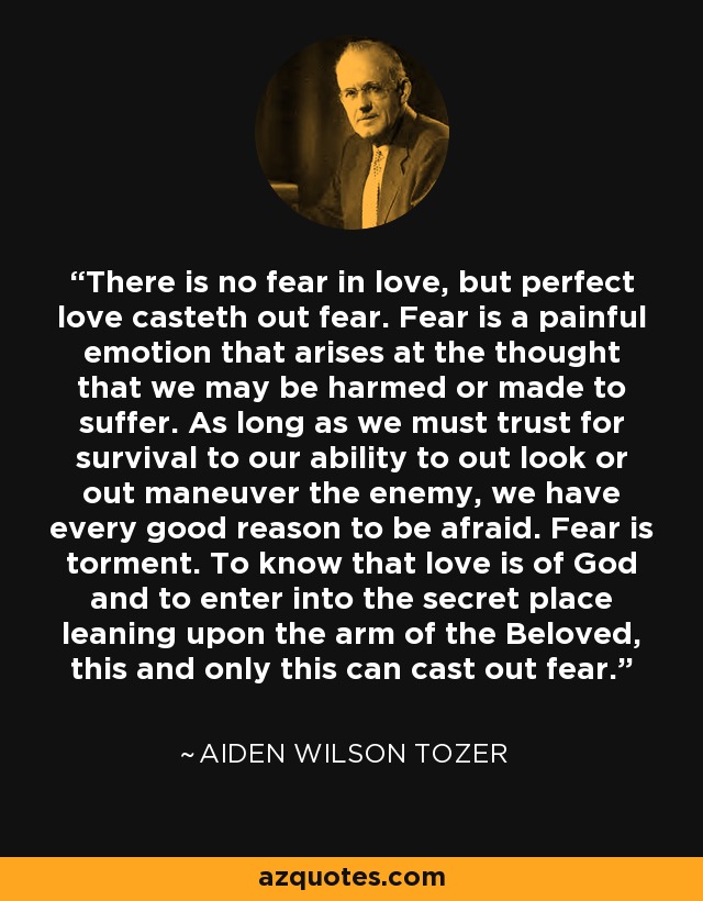 There is no fear in love, but perfect love casteth out fear. Fear is a painful emotion that arises at the thought that we may be harmed or made to suffer. As long as we must trust for survival to our ability to out look or out maneuver the enemy, we have every good reason to be afraid. Fear is torment. To know that love is of God and to enter into the secret place leaning upon the arm of the Beloved, this and only this can cast out fear. - Aiden Wilson Tozer