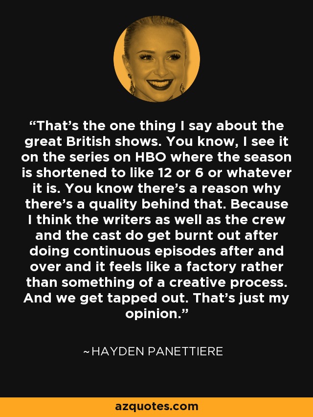 That's the one thing I say about the great British shows. You know, I see it on the series on HBO where the season is shortened to like 12 or 6 or whatever it is. You know there's a reason why there's a quality behind that. Because I think the writers as well as the crew and the cast do get burnt out after doing continuous episodes after and over and it feels like a factory rather than something of a creative process. And we get tapped out. That's just my opinion. - Hayden Panettiere