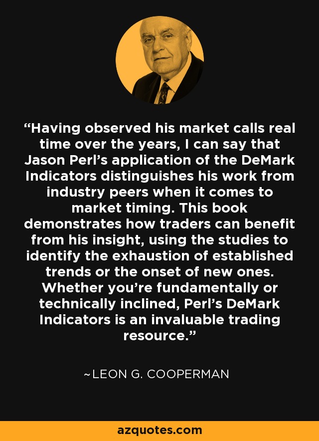Having observed his market calls real time over the years, I can say that Jason Perl's application of the DeMark Indicators distinguishes his work from industry peers when it comes to market timing. This book demonstrates how traders can benefit from his insight, using the studies to identify the exhaustion of established trends or the onset of new ones. Whether you're fundamentally or technically inclined, Perl's DeMark Indicators is an invaluable trading resource. - Leon G. Cooperman