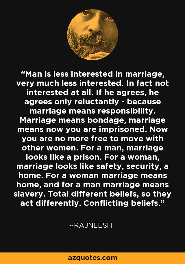 Man is less interested in marriage, very much less interested. In fact not interested at all. If he agrees, he agrees only reluctantly - because marriage means responsibility. Marriage means bondage, marriage means now you are imprisoned. Now you are no more free to move with other women. For a man, marriage looks like a prison. For a woman, marriage looks like safety, security, a home. For a woman marriage means home, and for a man marriage means slavery. Total different beliefs, so they act differently. Conflicting beliefs. - Rajneesh