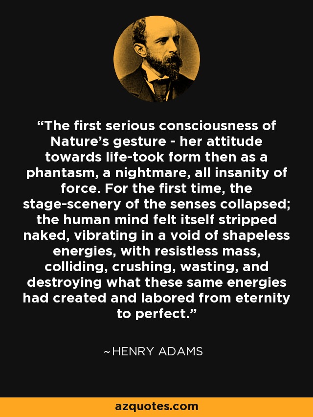 The first serious consciousness of Nature's gesture - her attitude towards life-took form then as a phantasm, a nightmare, all insanity of force. For the first time, the stage-scenery of the senses collapsed; the human mind felt itself stripped naked, vibrating in a void of shapeless energies, with resistless mass, colliding, crushing, wasting, and destroying what these same energies had created and labored from eternity to perfect. - Henry Adams