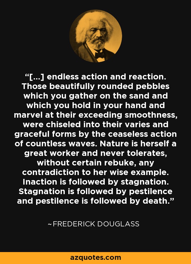 [...] endless action and reaction. Those beautifully rounded pebbles which you gather on the sand and which you hold in your hand and marvel at their exceeding smoothness, were chiseled into their varies and graceful forms by the ceaseless action of countless waves. Nature is herself a great worker and never tolerates, without certain rebuke, any contradiction to her wise example. Inaction is followed by stagnation. Stagnation is followed by pestilence and pestilence is followed by death. - Frederick Douglass