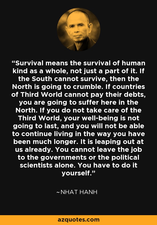 Survival means the survival of human kind as a whole, not just a part of it. If the South cannot survive, then the North is going to crumble. If countries of Third World cannot pay their debts, you are going to suffer here in the North. If you do not take care of the Third World, your well-being is not going to last, and you will not be able to continue living in the way you have been much longer. It is leaping out at us already. You cannot leave the job to the governments or the political scientists alone. You have to do it yourself. - Nhat Hanh