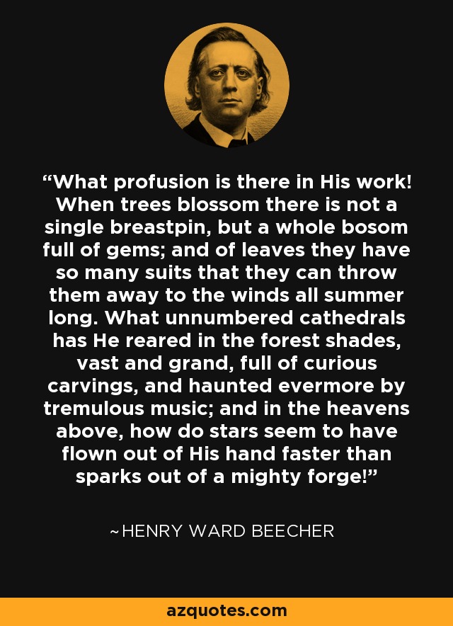 What profusion is there in His work! When trees blossom there is not a single breastpin, but a whole bosom full of gems; and of leaves they have so many suits that they can throw them away to the winds all summer long. What unnumbered cathedrals has He reared in the forest shades, vast and grand, full of curious carvings, and haunted evermore by tremulous music; and in the heavens above, how do stars seem to have flown out of His hand faster than sparks out of a mighty forge! - Henry Ward Beecher