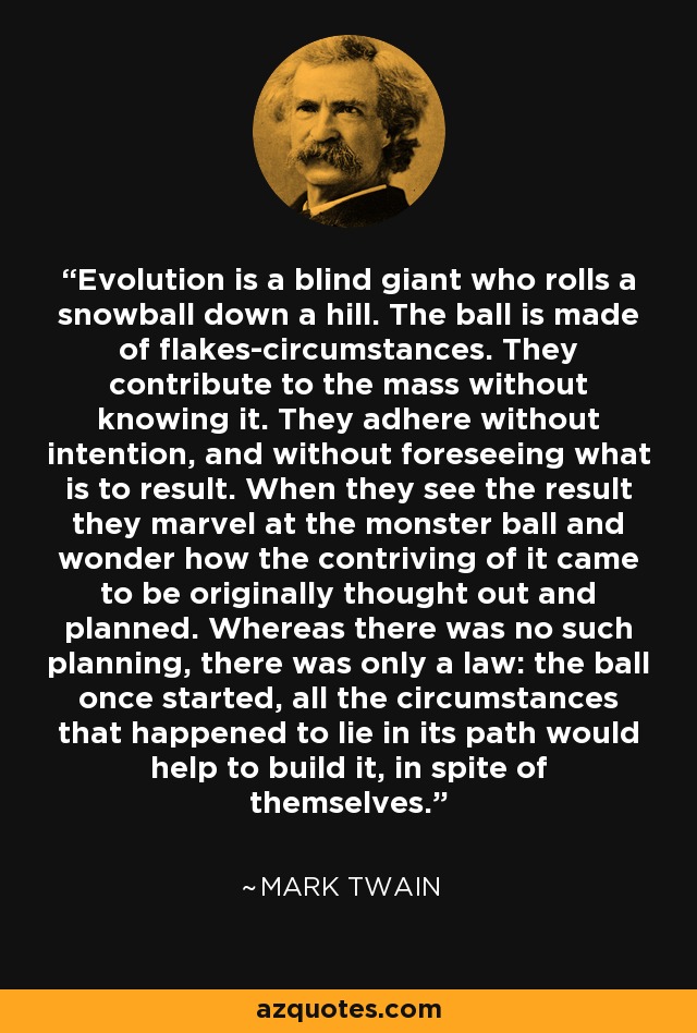 Evolution is a blind giant who rolls a snowball down a hill. The ball is made of flakes-circumstances. They contribute to the mass without knowing it. They adhere without intention, and without foreseeing what is to result. When they see the result they marvel at the monster ball and wonder how the contriving of it came to be originally thought out and planned. Whereas there was no such planning, there was only a law: the ball once started, all the circumstances that happened to lie in its path would help to build it, in spite of themselves. - Mark Twain