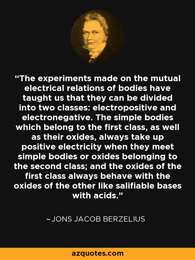 The experiments made on the mutual electrical relations of bodies have taught us that they can be divided into two classes: electropositive and electronegative. The simple bodies which belong to the first class, as well as their oxides, always take up positive electricity when they meet simple bodies or oxides belonging to the second class; and the oxides of the first class always behave with the oxides of the other like salifiable bases with acids. - Jons Jacob Berzelius