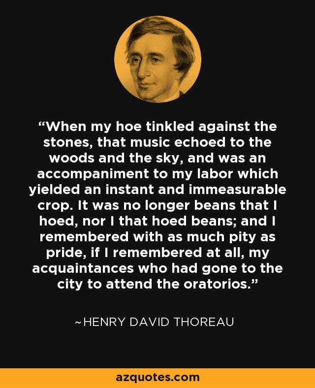 When my hoe tinkled against the stones, that music echoed to the woods and the sky, and was an accompaniment to my labor which yielded an instant and immeasurable crop. It was no longer beans that I hoed, nor I that hoed beans; and I remembered with as much pity as pride, if I remembered at all, my acquaintances who had gone to the city to attend the oratorios. - Henry David Thoreau