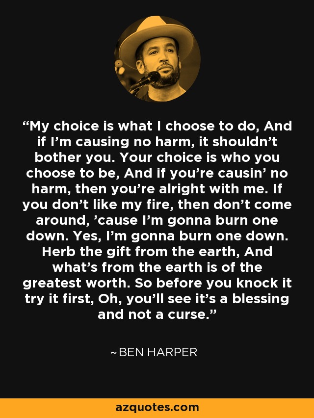 My choice is what I choose to do, And if I'm causing no harm, it shouldn't bother you. Your choice is who you choose to be, And if you're causin' no harm, then you're alright with me. If you don't like my fire, then don't come around, 'cause I'm gonna burn one down. Yes, I'm gonna burn one down. Herb the gift from the earth, And what's from the earth is of the greatest worth. So before you knock it try it first, Oh, you'll see it's a blessing and not a curse. - Ben Harper