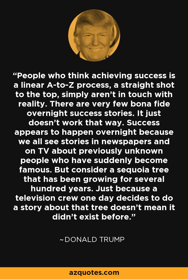 People who think achieving success is a linear A-to-Z process, a straight shot to the top, simply aren't in touch with reality. There are very few bona fide overnight success stories. It just doesn't work that way. Success appears to happen overnight because we all see stories in newspapers and on TV about previously unknown people who have suddenly become famous. But consider a sequoia tree that has been growing for several hundred years. Just because a television crew one day decides to do a story about that tree doesn't mean it didn't exist before. - Donald Trump