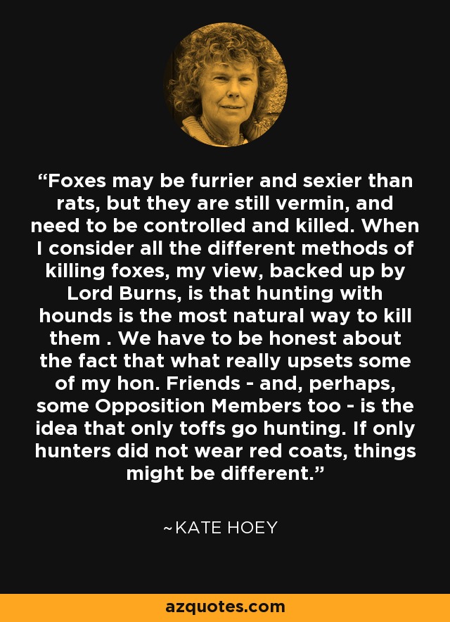 Foxes may be furrier and sexier than rats, but they are still vermin, and need to be controlled and killed. When I consider all the different methods of killing foxes, my view, backed up by Lord Burns, is that hunting with hounds is the most natural way to kill them . We have to be honest about the fact that what really upsets some of my hon. Friends - and, perhaps, some Opposition Members too - is the idea that only toffs go hunting. If only hunters did not wear red coats, things might be different. - Kate Hoey