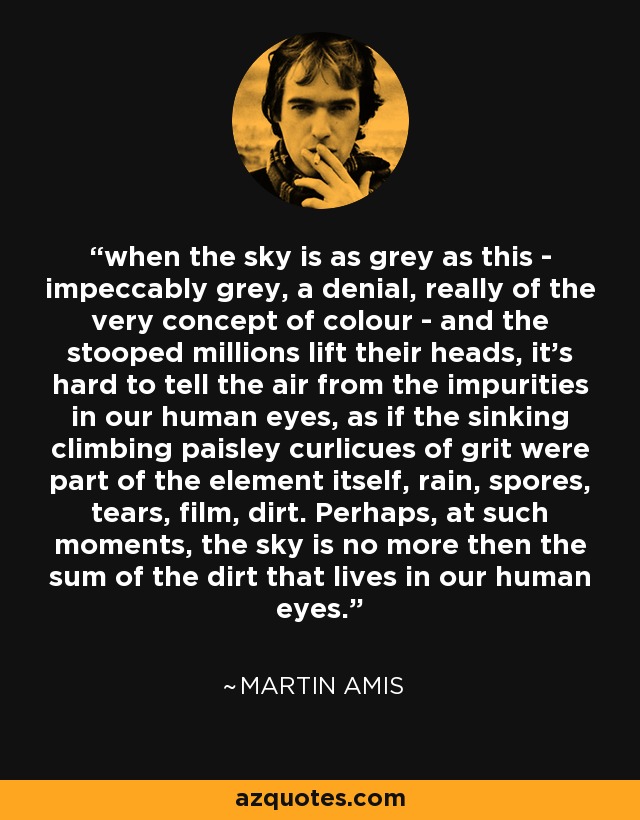 when the sky is as grey as this - impeccably grey, a denial, really of the very concept of colour - and the stooped millions lift their heads, it's hard to tell the air from the impurities in our human eyes, as if the sinking climbing paisley curlicues of grit were part of the element itself, rain, spores, tears, film, dirt. Perhaps, at such moments, the sky is no more then the sum of the dirt that lives in our human eyes. - Martin Amis