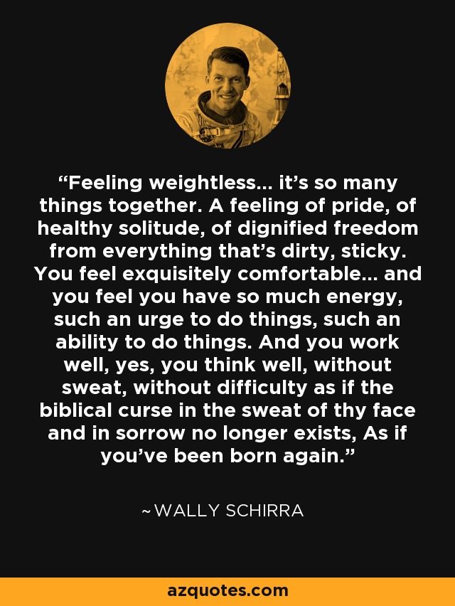 Feeling weightless... it's so many things together. A feeling of pride, of healthy solitude, of dignified freedom from everything that's dirty, sticky. You feel exquisitely comfortable... and you feel you have so much energy, such an urge to do things, such an ability to do things. And you work well, yes, you think well, without sweat, without difficulty as if the biblical curse in the sweat of thy face and in sorrow no longer exists, As if you've been born again. - Wally Schirra