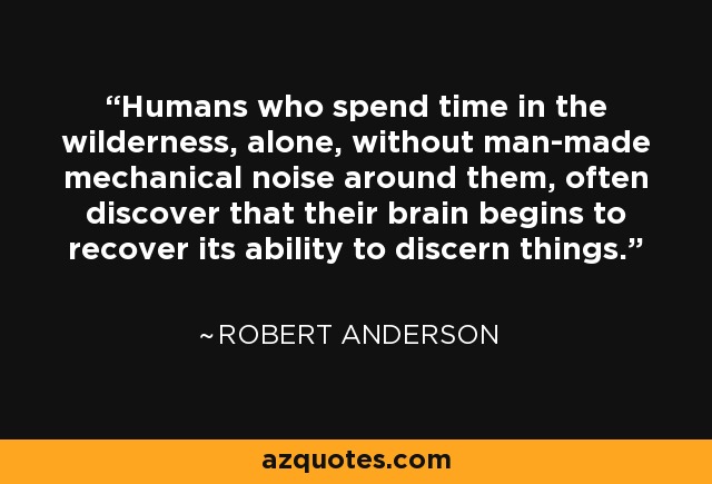 Humans who spend time in the wilderness, alone, without man-made mechanical noise around them, often discover that their brain begins to recover its ability to discern things. - Robert Anderson