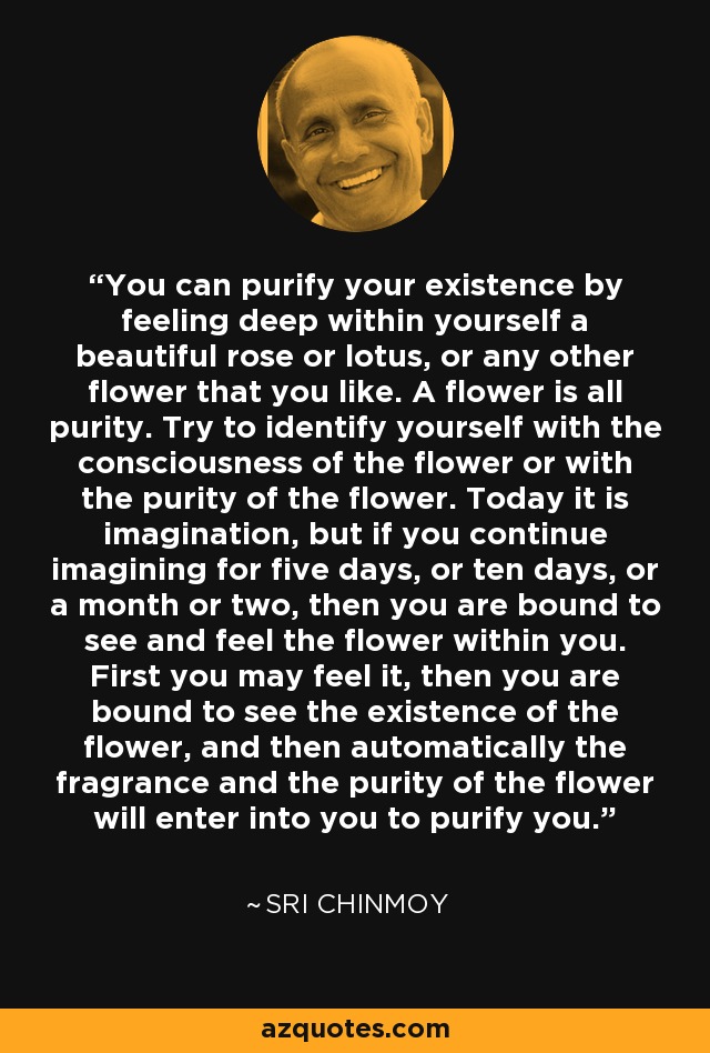 You can purify your existence by feeling deep within yourself a beautiful rose or lotus, or any other flower that you like. A flower is all purity. Try to identify yourself with the consciousness of the flower or with the purity of the flower. Today it is imagination, but if you continue imagining for five days, or ten days, or a month or two, then you are bound to see and feel the flower within you. First you may feel it, then you are bound to see the existence of the flower, and then automatically the fragrance and the purity of the flower will enter into you to purify you. - Sri Chinmoy