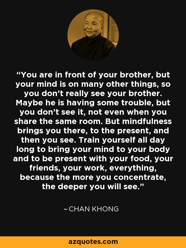 You are in front of your brother, but your mind is on many other things, so you don’t really see your brother. Maybe he is having some trouble, but you don’t see it, not even when you share the same room. But mindfulness brings you there, to the present, and then you see. Train yourself all day long to bring your mind to your body and to be present with your food, your friends, your work, everything, because the more you concentrate, the deeper you will see. - Chan Khong
