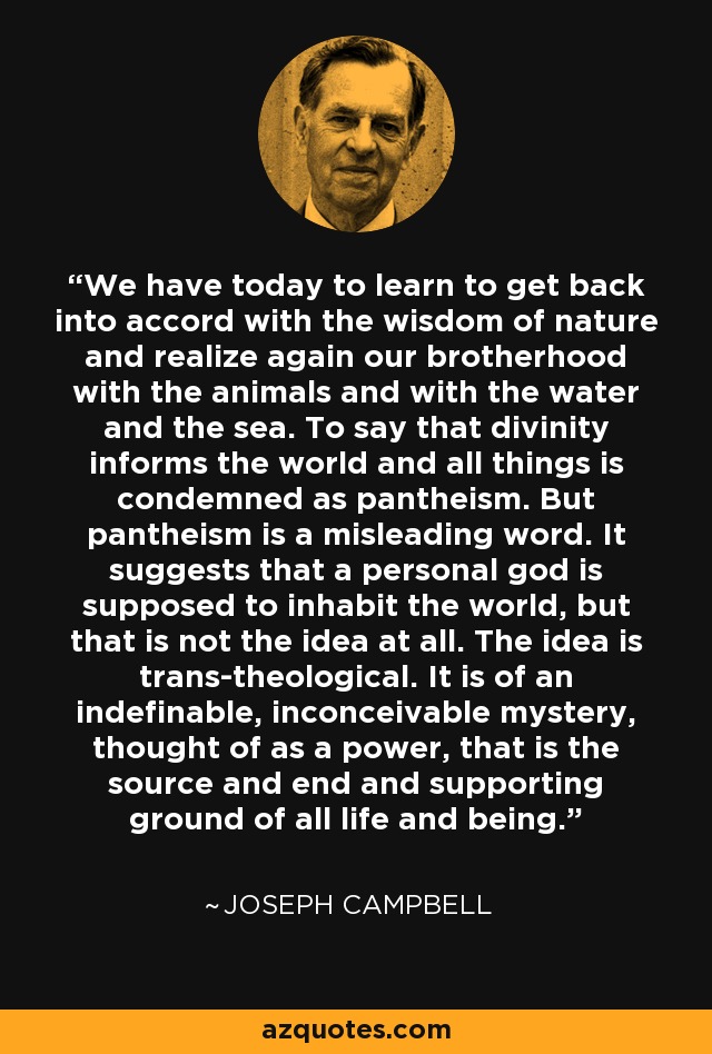 We have today to learn to get back into accord with the wisdom of nature and realize again our brotherhood with the animals and with the water and the sea. To say that divinity informs the world and all things is condemned as pantheism. But pantheism is a misleading word. It suggests that a personal god is supposed to inhabit the world, but that is not the idea at all. The idea is trans-theological. It is of an indefinable, inconceivable mystery, thought of as a power, that is the source and end and supporting ground of all life and being. - Joseph Campbell