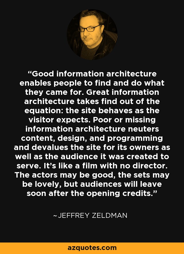 Good information architecture enables people to find and do what they came for. Great information architecture takes find out of the equation: the site behaves as the visitor expects. Poor or missing information architecture neuters content, design, and programming and devalues the site for its owners as well as the audience it was created to serve. It’s like a film with no director. The actors may be good, the sets may be lovely, but audiences will leave soon after the opening credits. - Jeffrey Zeldman