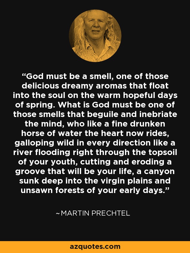 God must be a smell, one of those delicious dreamy aromas that float into the soul on the warm hopeful days of spring. What is God must be one of those smells that beguile and inebriate the mind, who like a fine drunken horse of water the heart now rides, galloping wild in every direction like a river flooding right through the topsoil of your youth, cutting and eroding a groove that will be your life, a canyon sunk deep into the virgin plains and unsawn forests of your early days. - Martin Prechtel