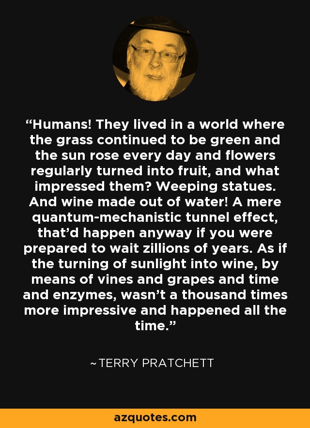 Humans! They lived in a world where the grass continued to be green and the sun rose every day and flowers regularly turned into fruit, and what impressed them? Weeping statues. And wine made out of water! A mere quantum-mechanistic tunnel effect, that'd happen anyway if you were prepared to wait zillions of years. As if the turning of sunlight into wine, by means of vines and grapes and time and enzymes, wasn't a thousand times more impressive and happened all the time. - Terry Pratchett