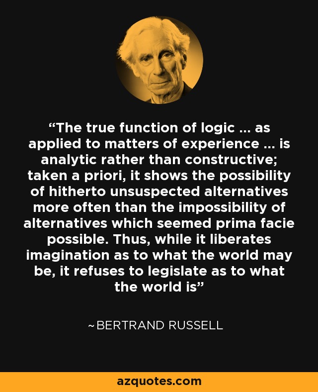 The true function of logic ... as applied to matters of experience ... is analytic rather than constructive; taken a priori, it shows the possibility of hitherto unsuspected alternatives more often than the impossibility of alternatives which seemed prima facie possible. Thus, while it liberates imagination as to what the world may be, it refuses to legislate as to what the world is - Bertrand Russell