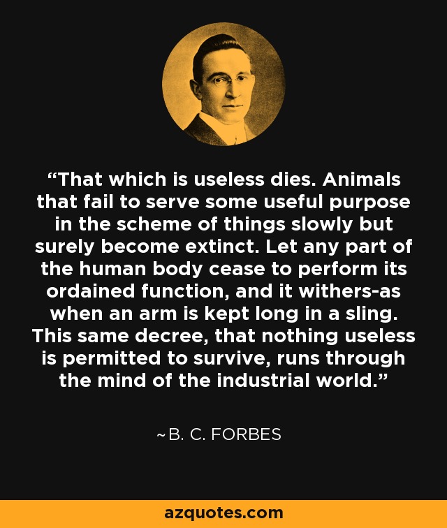 That which is useless dies. Animals that fail to serve some useful purpose in the scheme of things slowly but surely become extinct. Let any part of the human body cease to perform its ordained function, and it withers-as when an arm is kept long in a sling. This same decree, that nothing useless is permitted to survive, runs through the mind of the industrial world. - B. C. Forbes